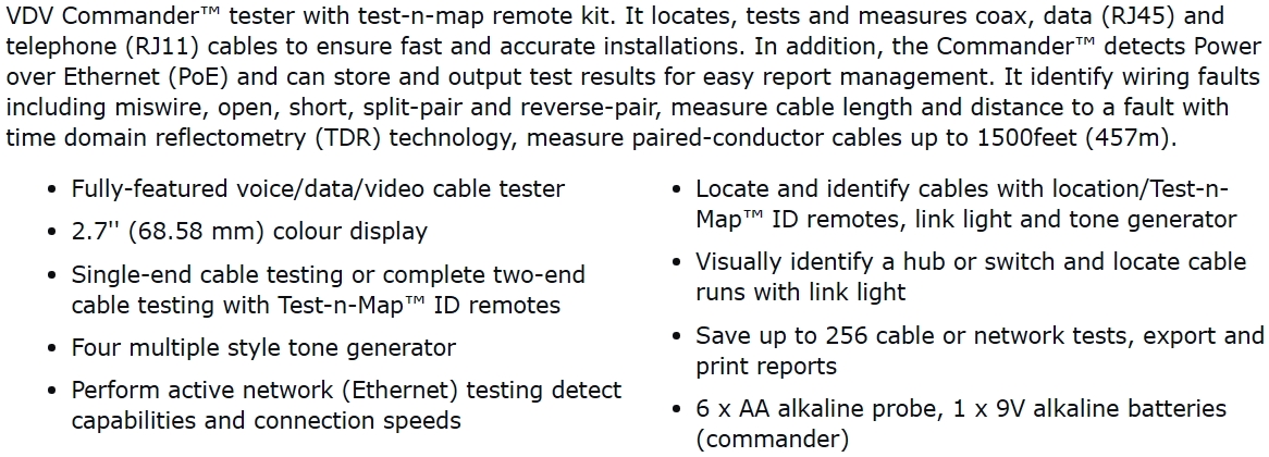 מכשיר בדיקה לכבלי תקשורת KLEIN TOOLS VDV COMMANDER SERIES VDV501-829 TEXT